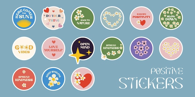 Set Positive Stickers in Groovy retro style