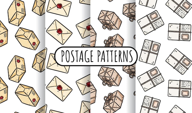 Set of postage patterns Cute cartoon mail post envelopes and mail boxes doodles seamless border collection Vector repeatable background texture tiles Cozy craft template of stock wrapping design