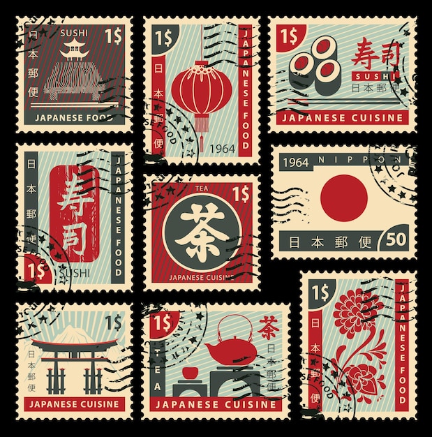 Vector set of postage stamps on japanese cuisine