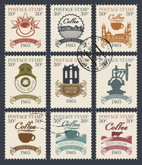 Vector set of postage stamps on the theme of coffee