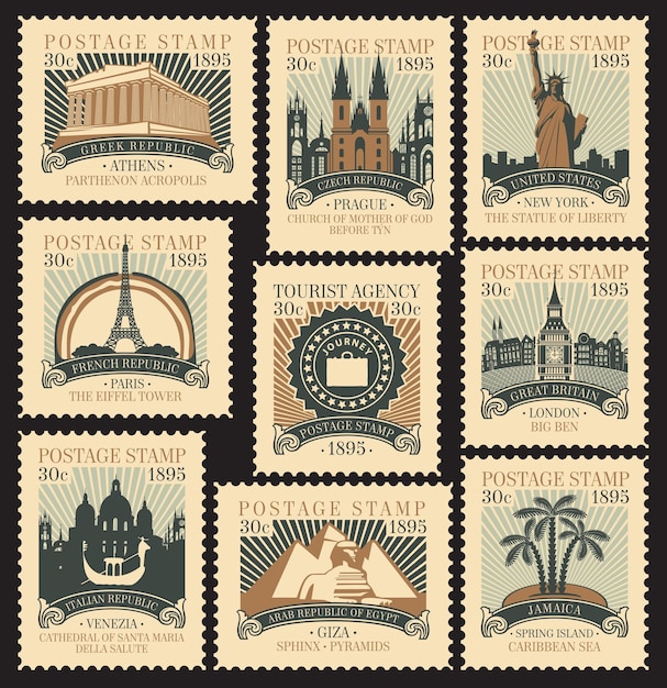Vector set of postage stamps with architectural landmarks