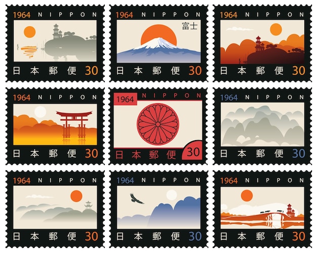 set of postage stamps with Japanese or Chinese landscapes