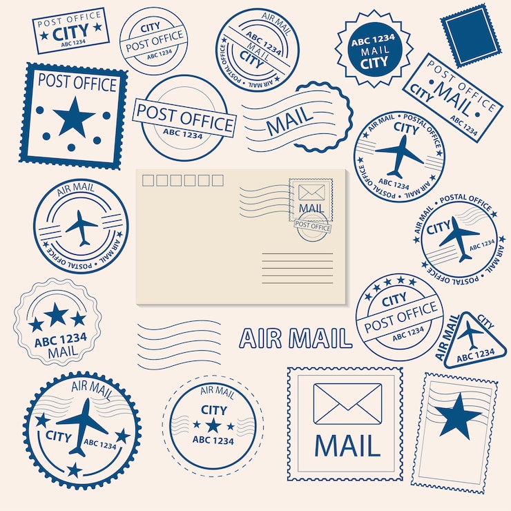 Vector set of postal stamps and postmarks