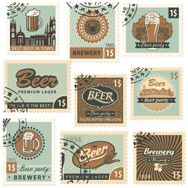 set of postal stamps on theme of beer and brewery