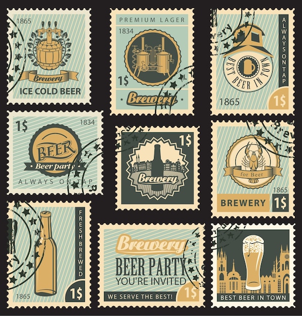 set of postal stamps on theme of beer and brewery