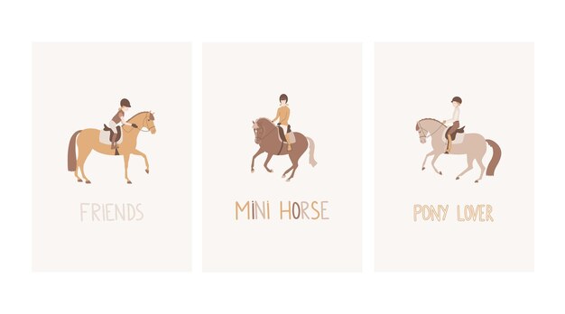 Vector set of postcards in a children's style with young riders on ponies