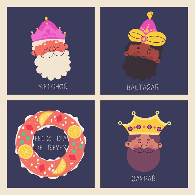 Una serie di cartoline per il giorno dell'epifania o il giorno dei re magici dessert tradizionale spagnolo roscon de reyes e tre re melchor gaspar e balthazar illustrazione vettoriale per il design