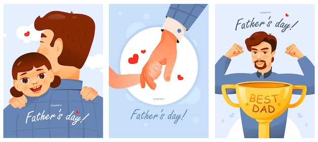 Vector a set of postcards for father's day the best dad father with children cartoon vector illustration