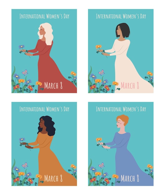 Set of postcards for International Womens Day Women in flowers Vector illustration