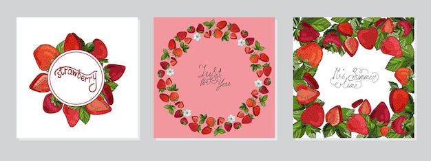 Set of postcards for the strawberry festival Design of fresh juicy berries square round frame wreath