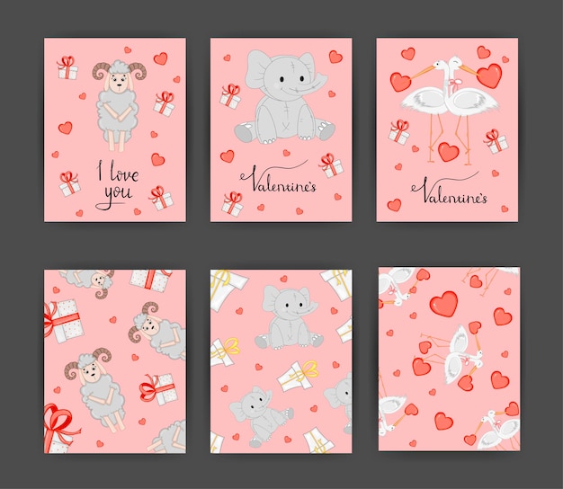 A set of postcards for Valentine's Day Vector illustration with animals for Valentine's Day Template for postcards flyers invitations