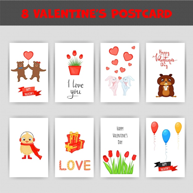 A set of postcards for Valentine's Day Vector illustration with animals for Valentine's Day Template for postcards flyers invitations