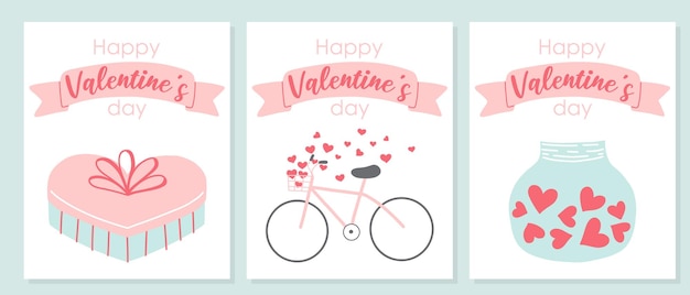 Set of postcards for Valentines Day Cute postcards with hearts love bike and gift Vector illustration in a flat style Handdrawn postcard