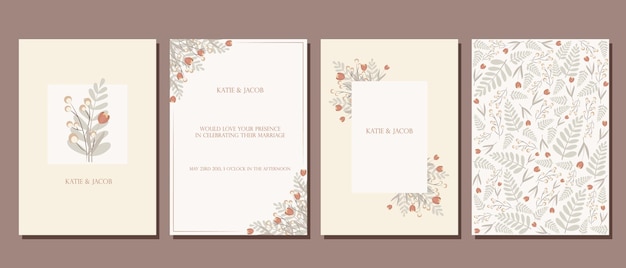 A set of postcards Wedding invitation Leaves and flowers in delicate colors