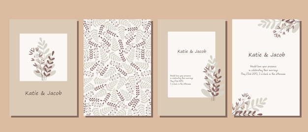 A set of postcards Wedding invitation Leaves and flowers in delicate colors