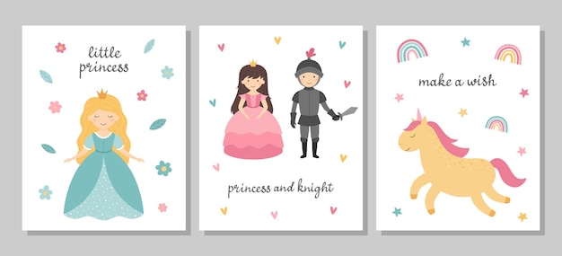 Vector a set of postcards with cute princesses little princess knight unicorn