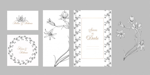 Set of postcards with graphic flowers spring flowers.