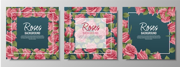 Vector set of postcards with roses border frame with pink flowers and green leaves background with botanical elements vector illustration