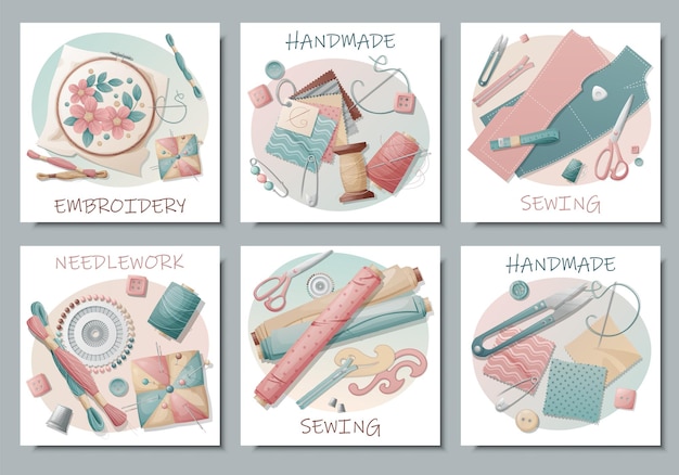 Vector set of postcards with sewing tools embroidery sewing needlework handmade hobby banner flyer for sewing workshops ateliers sewing courses