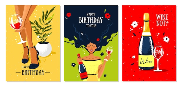 Vector set of postcards with a woman wine ang glass of wine holliday party vacation happy birthday