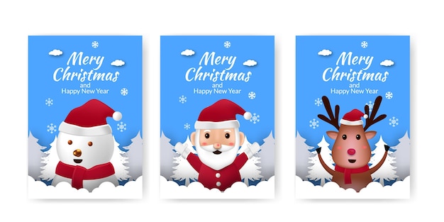 Set of poster announcement merry christmas and happy new year with cute illustration blue background