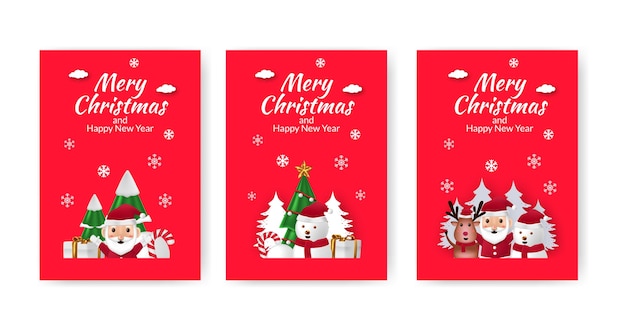 Set of poster announcement merry christmas and happy new year with cute illustration red background