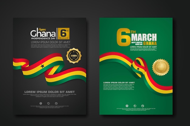 Set poster design Republic Ghana happy Independence Day background template with elegant ribbonshaped flag gold circle ribbon vector illustrations