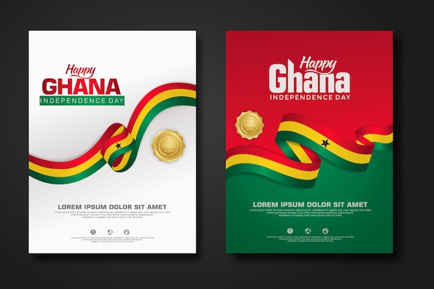 Set poster design republic ghana happy independence day background template with elegant ribbonshaped flag gold circle ribbon vector illustrations