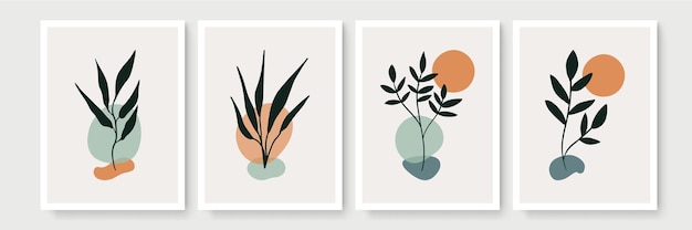 Set of poster in minimal boho style with tropical leaf. Modern abstract wall decor with foliage line art drawing