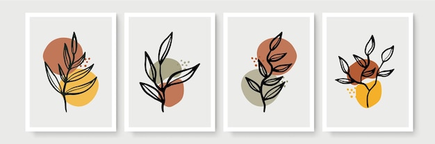 Set of poster in minimal boho style with tropical leaf. Modern abstract wall decor with foliage line art drawing