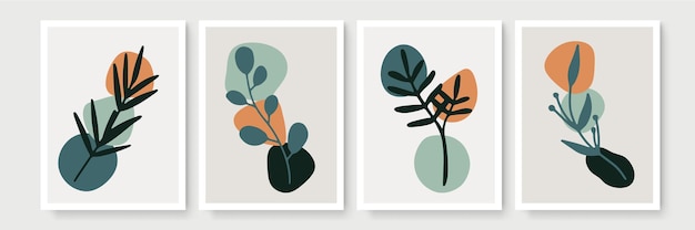 Set of poster in minimal boho style with tropical leaf. Modern abstract wall decor with foliage line art drawing