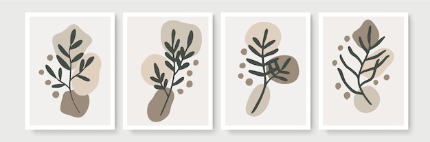 Vettore set di poster in stile boho minimal con foglia tropicale. decorazioni da parete astratte moderne con disegno artistico al tratto di fogliame