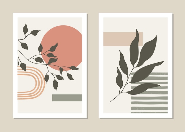 Set of poster in minimal style with tropical leaf