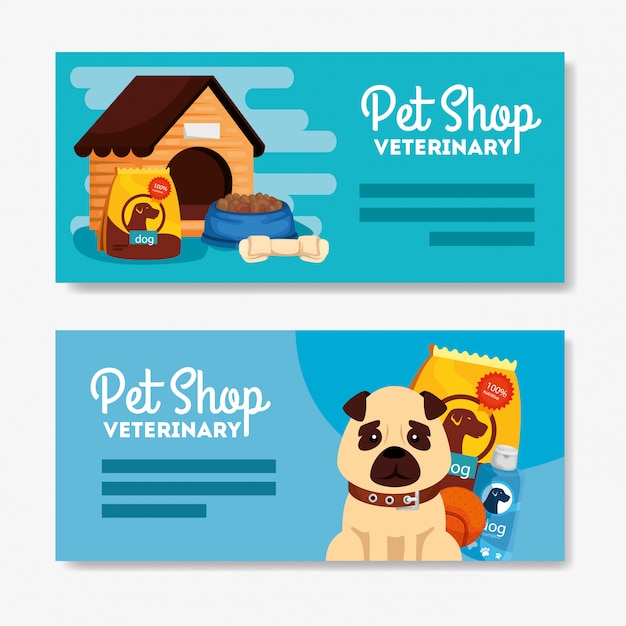set poster of pet shop veterinary with icons