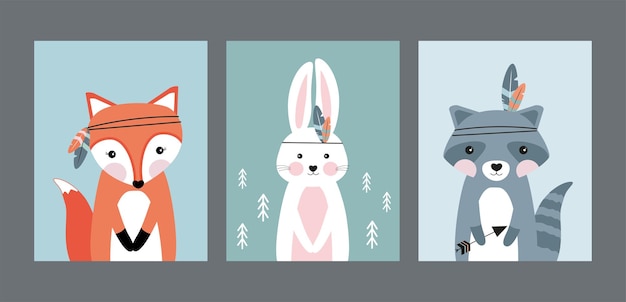 Set poster with animals fox bunny raccoon looking for adventure pets feather on their head and arrow