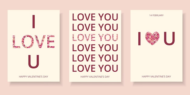 Vector set posters of abstract geometric shapes with symbol of love and text for happy valentines day