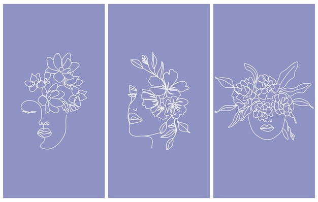 Set of posters contour portraits of female faces with flowers white outline on blue background