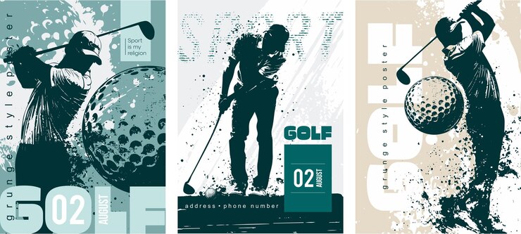 Vector set of posters dedicated to golf in grunge silhouette style