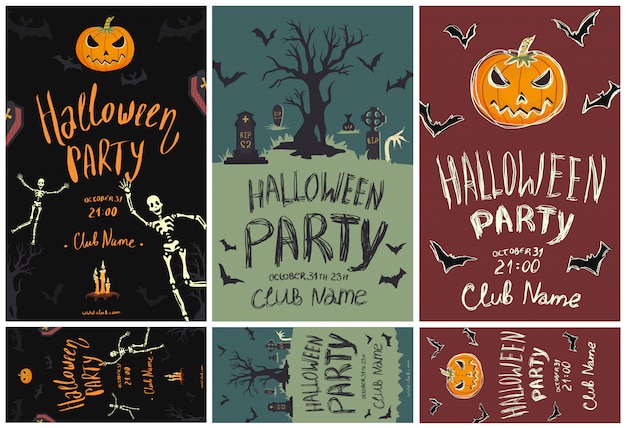 Set posters en flyers voor het halloween-feest. pompoenen, skeletten, begraafplaats en andere halloween-symbolen. sjabloon illustratie.