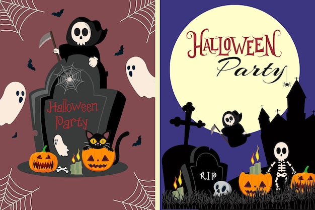 Set of posters and flyers for the Halloween party Pumpkins skeletons