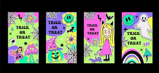 Set posters for halloween with trendy illustrations trendy groovy style cards vector illustration