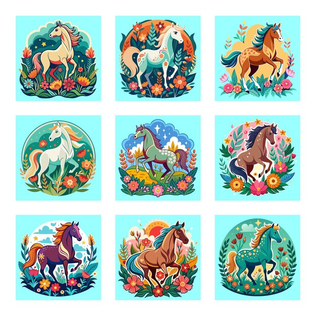Vector a set of posters for horses and horses