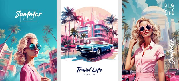 Vector set posters illustratie van een stad met palmbomen, auto's en vrouw