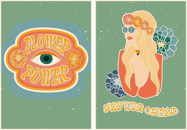 Set posters in retrostijl met een hippiemeisje en bloemen Oogsymbool in bloemen Vintage retro