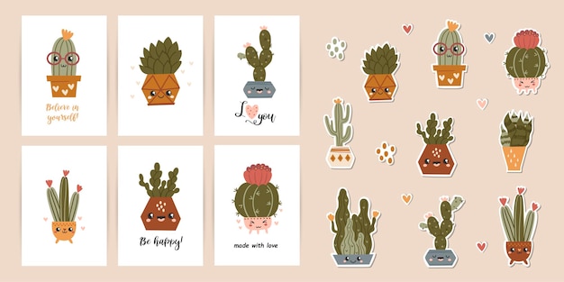 Set posters met motiverende zinnen stickers met schattige cactussen