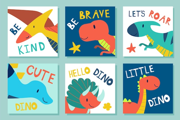 Vector set posters met schattige dinosaurussen en belettering baby ontwerp voor verjaardagsuitnodiging of kinderachtig ontwerp voor verjaardagsuitnodiging poster kleding kinderkamer kunst aan de muur en kaart eps