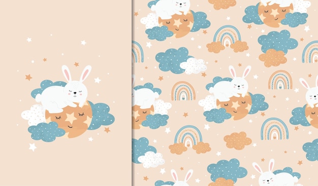 Set posters naadloze patronen met een schattig konijn slapend op het behang Kind illustratie