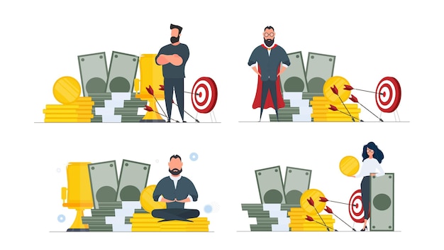 Set for posters and presentations. businessman and a mountain of money. a man stands near gold coins and large dollar bills. a bundle of money. vector.