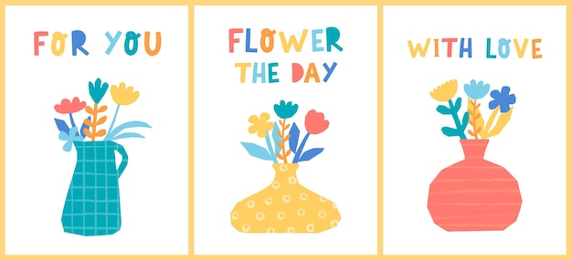 set of posters prints cards decorated with flowers in vases and lettering quotes