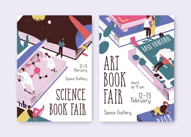 Vector set of posters for science and art book fair vector illustration promo templates with tiny people